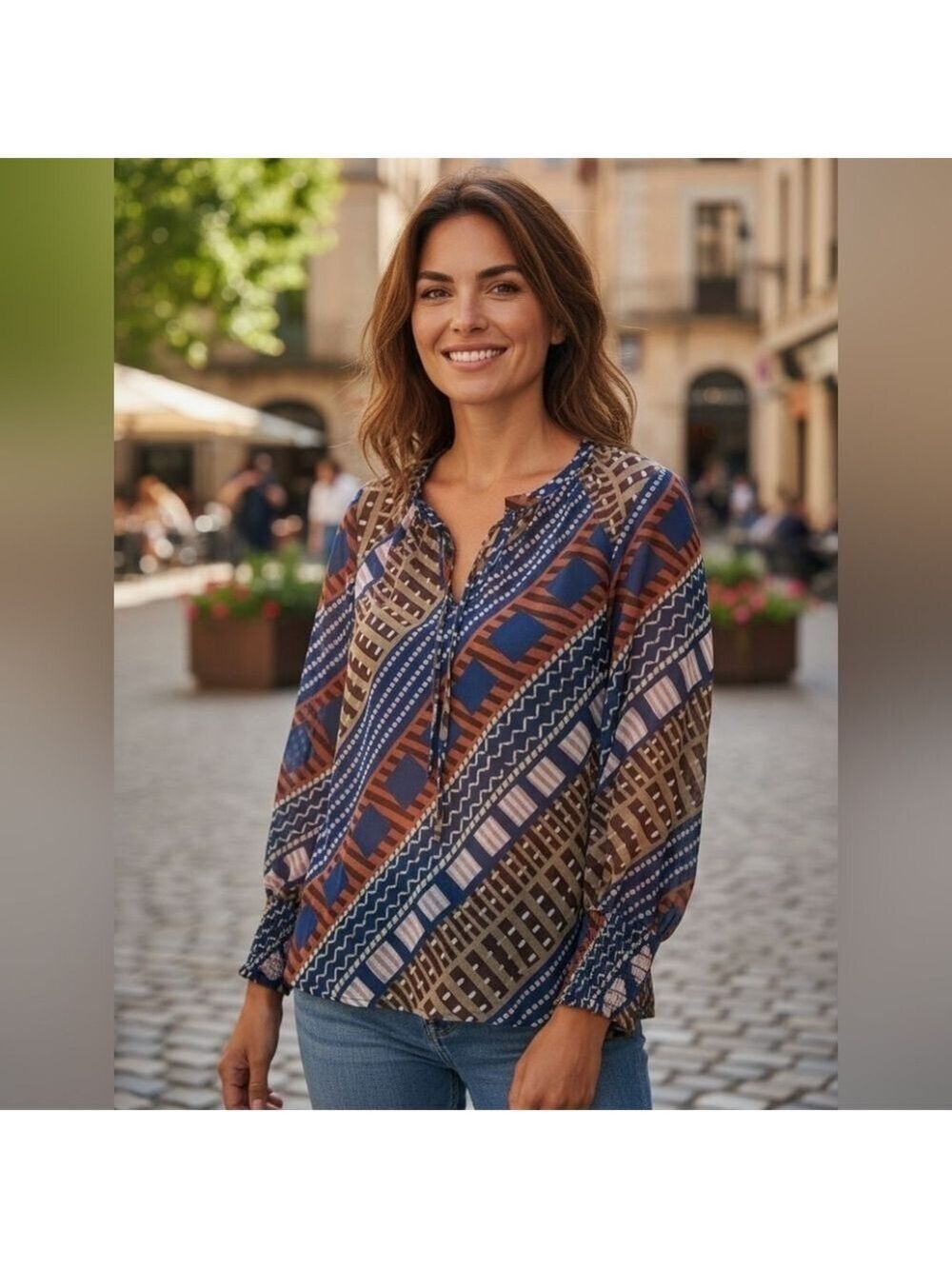 Love In Blouse Blue Brown Extra Large Geometric Print #BL20